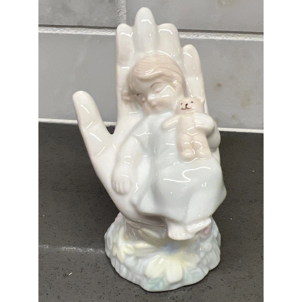 Ceramic Porcelain Child & Teddy Bear in Hand Figurine Ring Holder